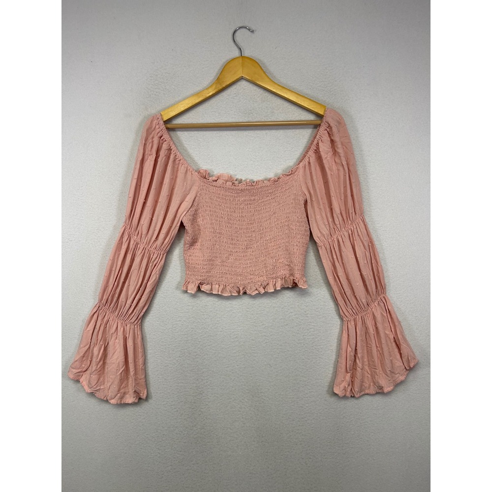 Cottagecore Mi Ami Womens Medium Pink Smocked Swiss Dot Bell Sleeve Crop Top